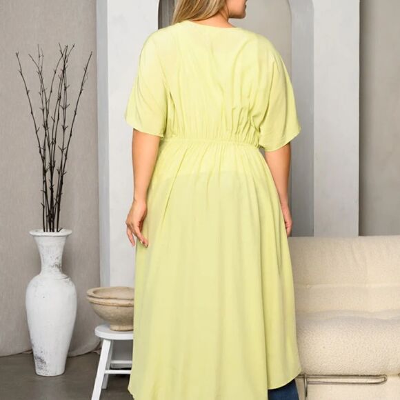 NEW! PLUS Size Long Boho Kimono Tie Front Lime Short Sleeve Hippie Beach Cover - Picture 2 of 2